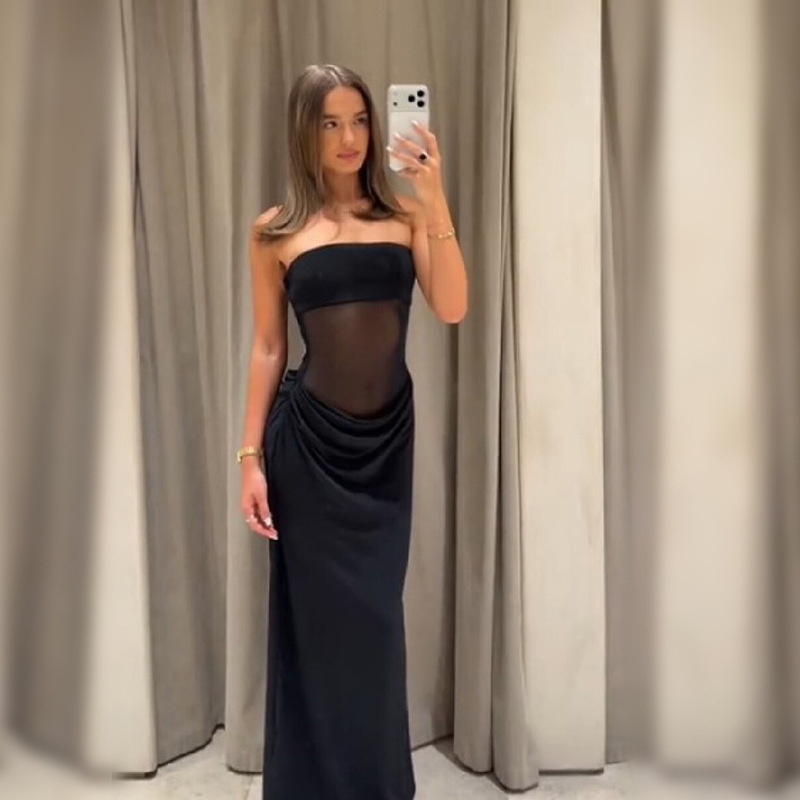 European and American Cross-Border Style Sexy Tube Top Mesh See-Through Ruched Draped Bodycon Evening Party Slim Long Dress for Women