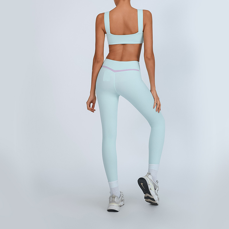 Traje de fitness deportivo transfronterizo de comercio exterior, pecho envuelto en color en contraste para mujer, chaleco con almohadilla para el pecho, pantalones desnudos de secado rápido de alta elasticidad