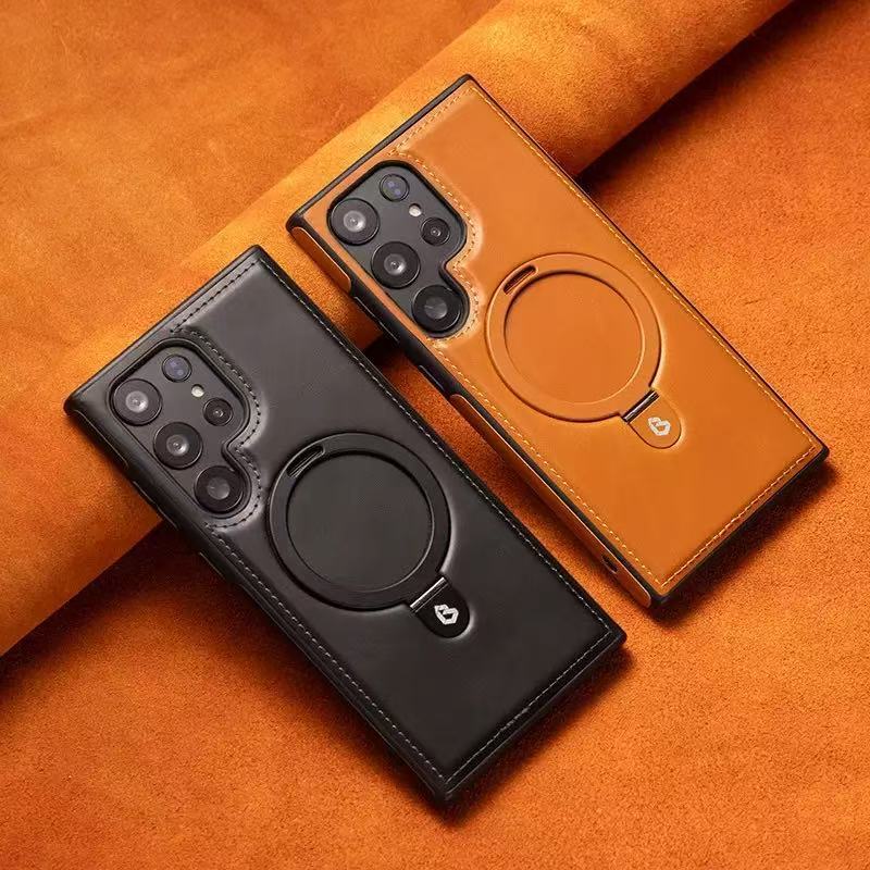 Suitable for Samsung S25Ultra Magnetic Holder Mobile Phone Case High-End Business Leather Case S24Plus Anti-Fall Protective Case