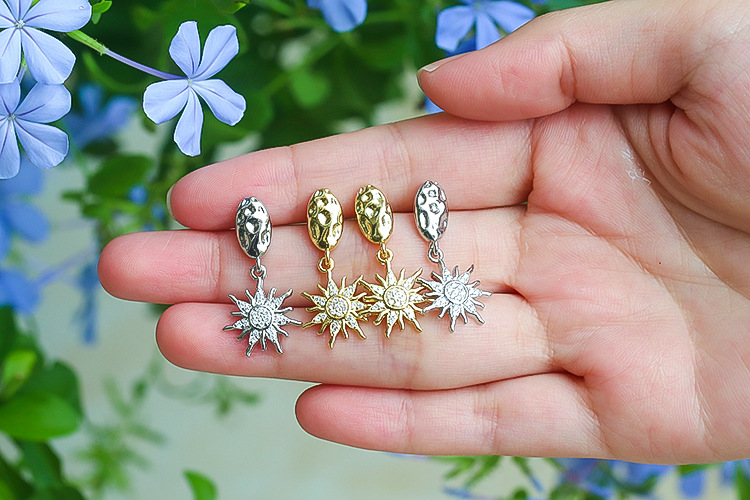 Plating, Inlay Design Retro Sun Copper Drop Earrings Plating Inlay Zircon Copper Earrings