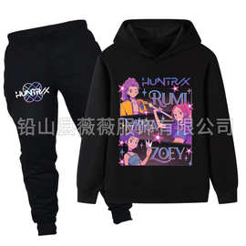 Kpop猎魔女团图案童装休闲套头秋冬连帽卫衣卫裤套装厂家直销
