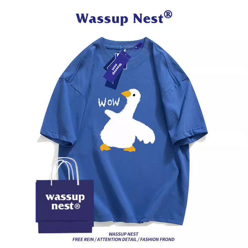 WASSUP NETS Klein Blue Short-sleeved T-shirt Men's Summer Trendy Brand Big White Goose Printed Pure Cotton T-shirt Men's T-shirt