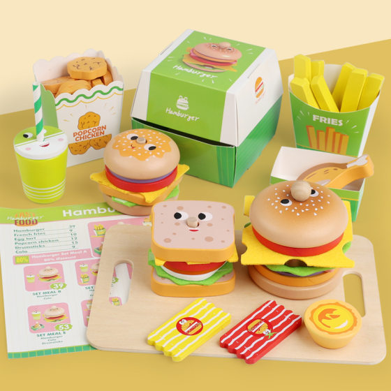 Children's Educational Wooden Hamburger Fries Family Barrel Set Combination Simulation Kitchen Play House Food Toy