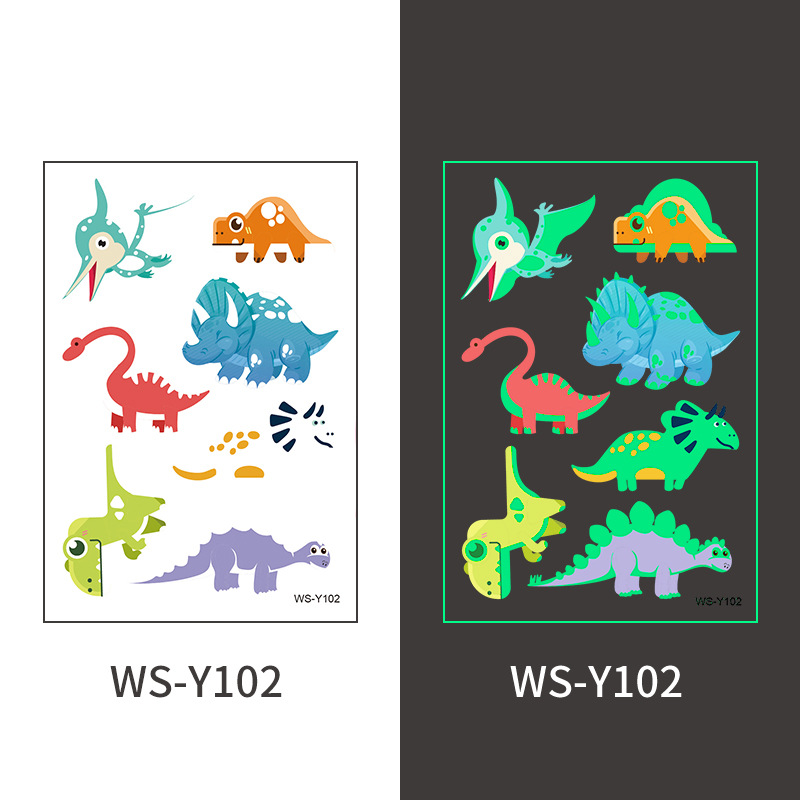 Pegatinas de tatuaje de dinosaurio luminoso Dibujos animados para niños Diversión Tyrannosaurus Rex Sudor impermeable Pegatinas de recompensa luminosas de color verde fluorescente temporal