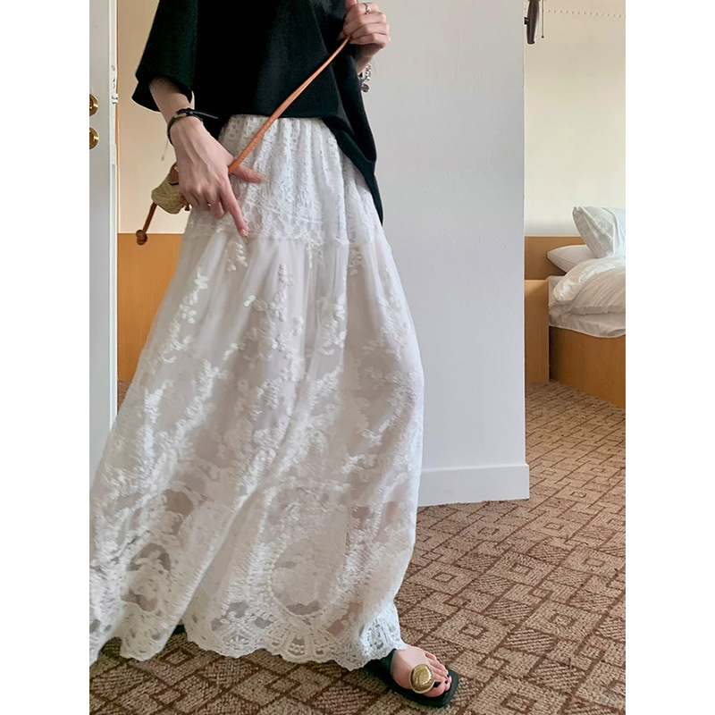 French-Style Heavy-Duty White Lace Skirt for Women, Summer Design, High-Waisted, Slimming, Large Hem, Long Skirt, Spring
