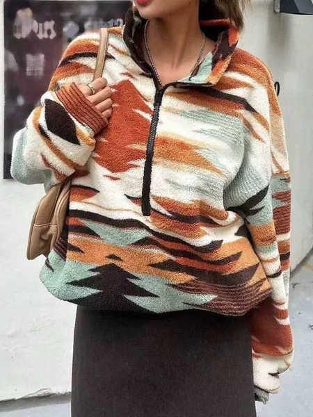 Autumn and Winter Amazon Eaby Independent Station New Printed Bohemian Zipper Plush Jacket Sweatshirt for Women