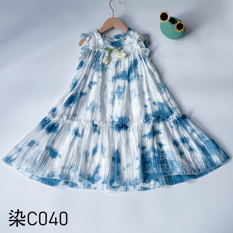 Dali Handmade Tie-Dye Summer Ethnic Style Girls' Dress Kidsren's Summer Blue Dyed Tulip Sleeveless Kidsren's Dress