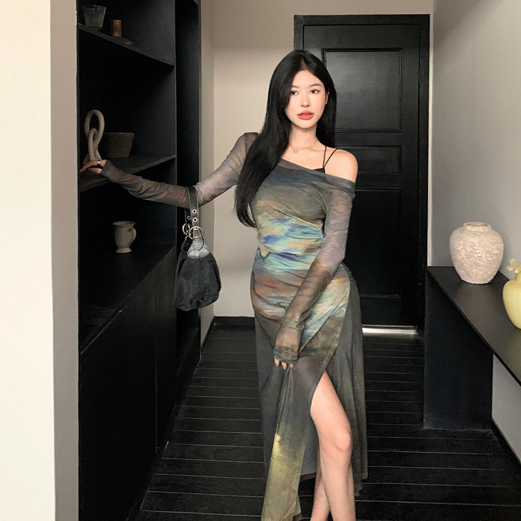 Oil Painting dress Mesh Vacation Style Sling Two-piece Set Women's Summer High-end Super Nice Spice Girl Long Skirt