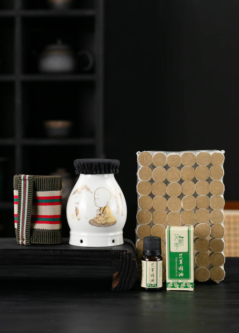 Ceramic Moxibustion Jar with Gua Sha Lid Double Layer Heat Shield Home Warming Tool with Cloth Sleeve details