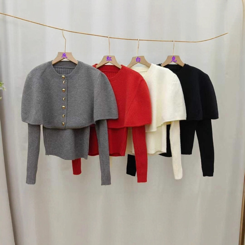 Korean Design Gray Knitwear Slim Knitted Knitwear Top Women's Waist Long-Sleeved Cloak Shawl Jacket Two-Piece Set Korean Design Gray Knitwear Slim Knitted Knitwear Top Women's Waist Long-Sleeved Cloak Shawl Jacket Two-Piece Set