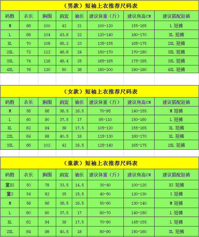 短袖尺码表