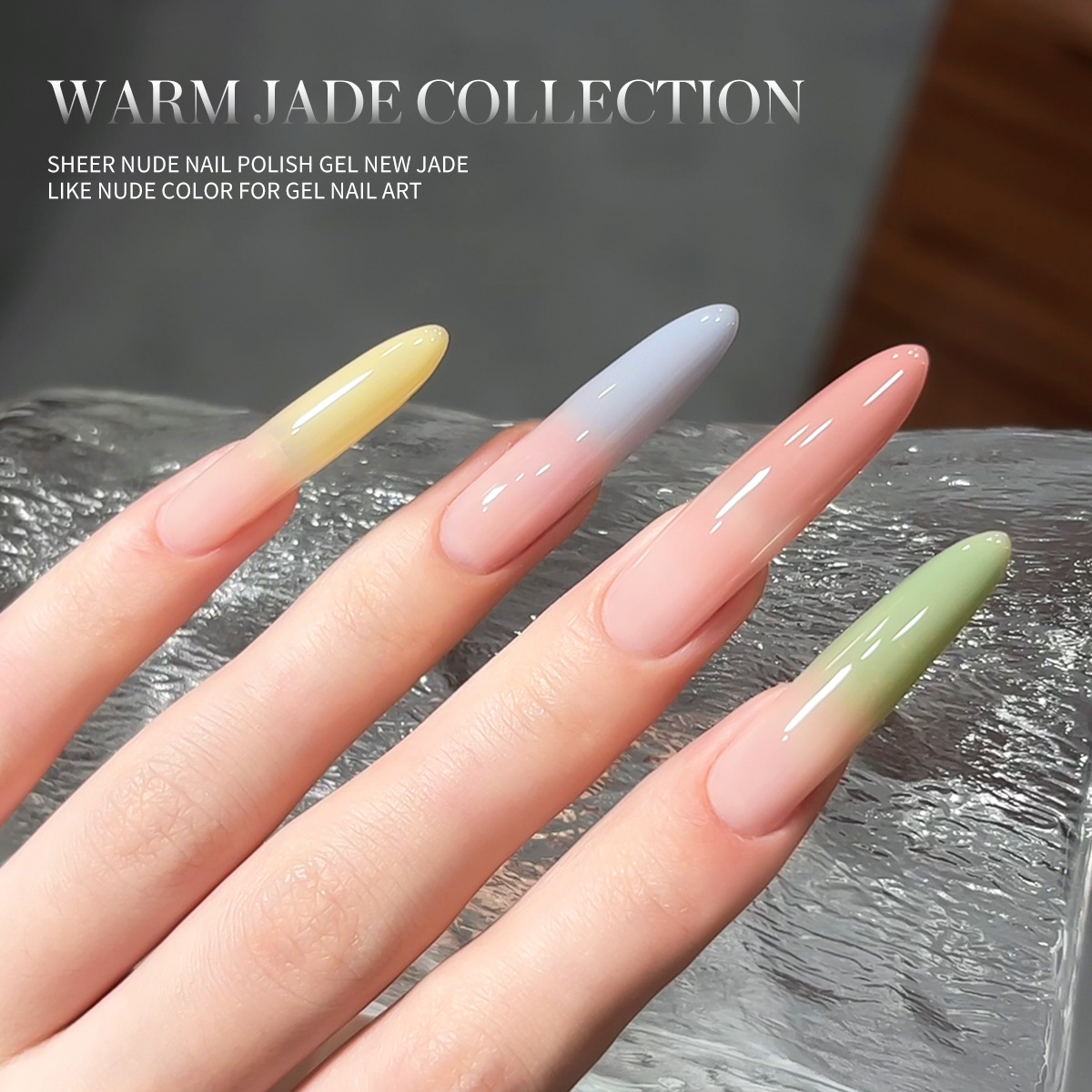 Esmalte de uñas en gel transparente color nude, modelo nuevo primavera 2026, serie jade cálido, transparente y versátil para decoración de uñas.