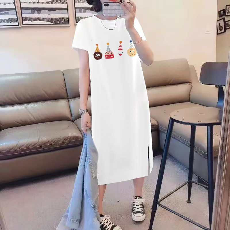 Round Neck Pure Cotton Short-Sleeved T-Shirt Dress for Women Korean Style Loose Casual Age-Reducing Style Slit Dress Long Skirt Summer Trend