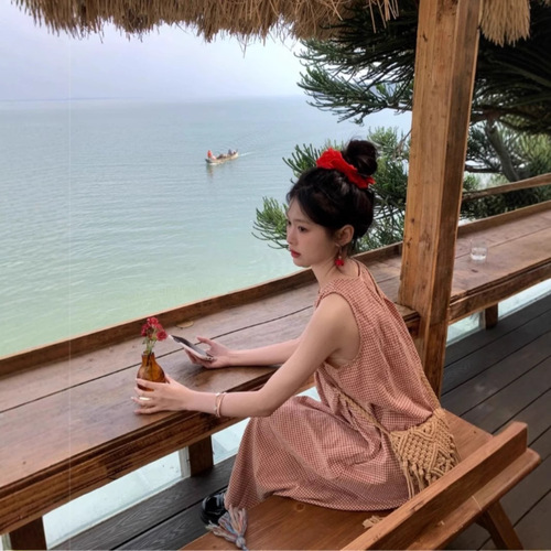 Korean Sweet Checkered Pleated Round Neck Dress for Women - Summer 2025 New Arrival Loose Medium Length A-Line Backless Dress