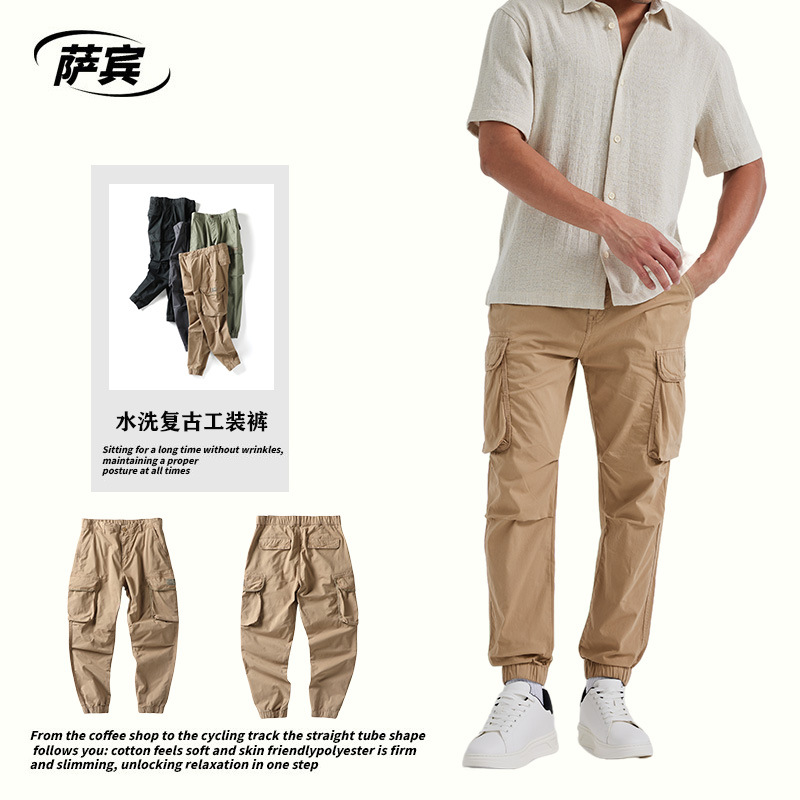 Soberman Ready-To-Wear Washed American Retro Leggings Cargo Pants Men's Casual Multi-Flap Pocket Pants Functional Retro Men's Pants