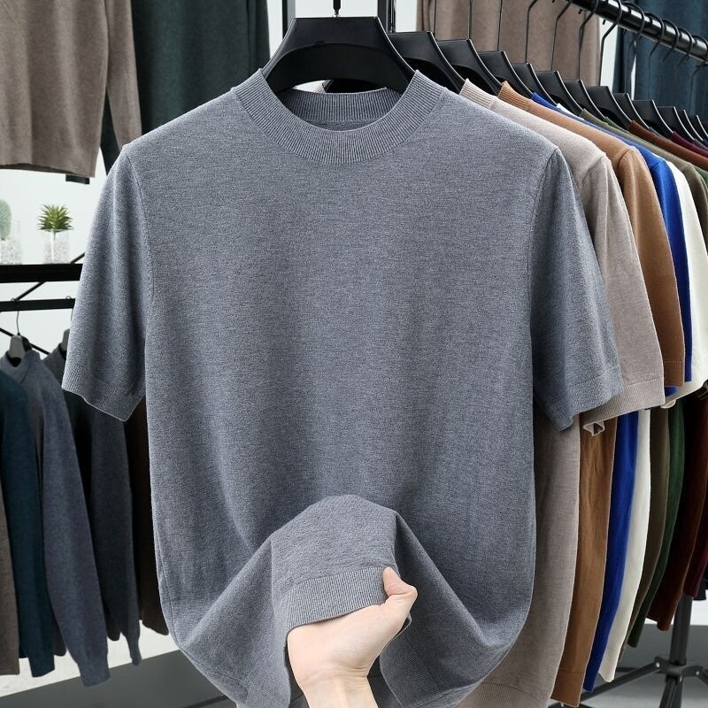 Authentic Special Price Spring and Autumn 100% Wool Men's Knitted Round Neck Short-Sleeve Sweater