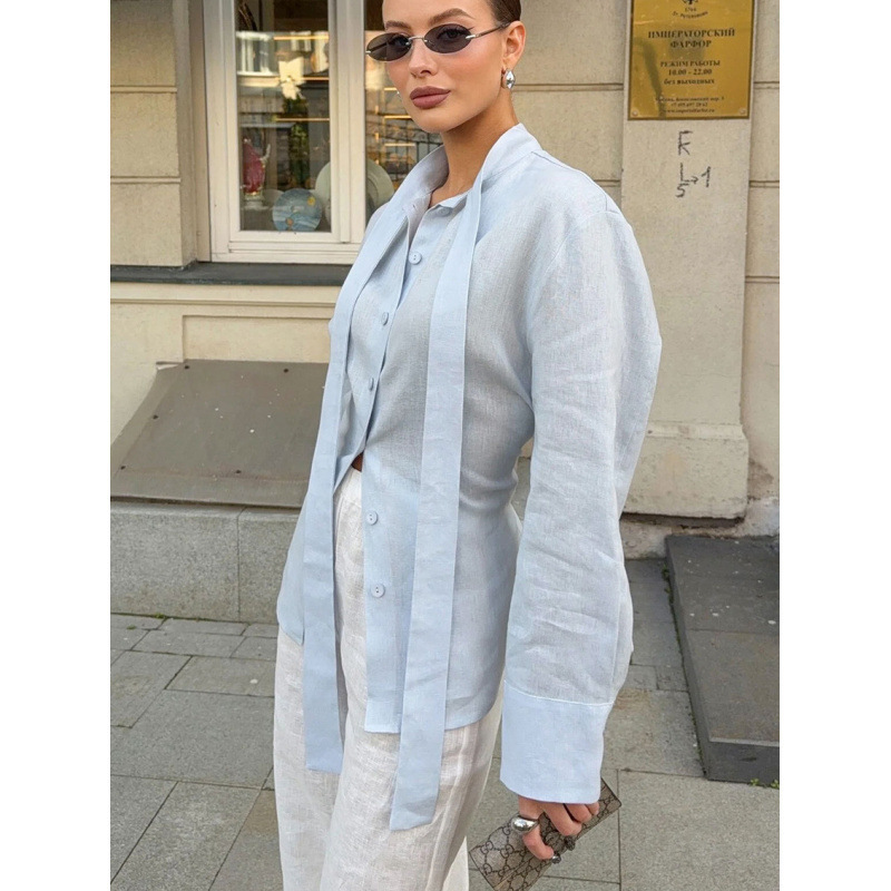 European and American Cross-Border 2025 Autumn and Winter New Lace-Up Waist Cotton and Linen Ribbon Shirt Women's Design and Elegant Fashion Top