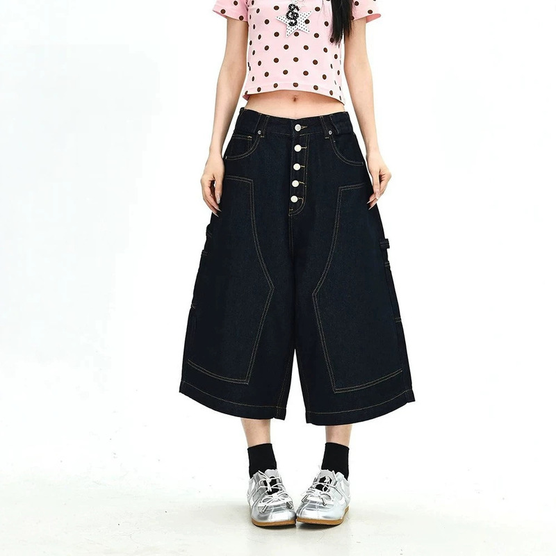 American High Street Style Raw Denim Multi-Button Lumberjack Workwear Cropped Jeans for Women, New Spring/Summer Trendy Brand Washed Wide-Leg Pants