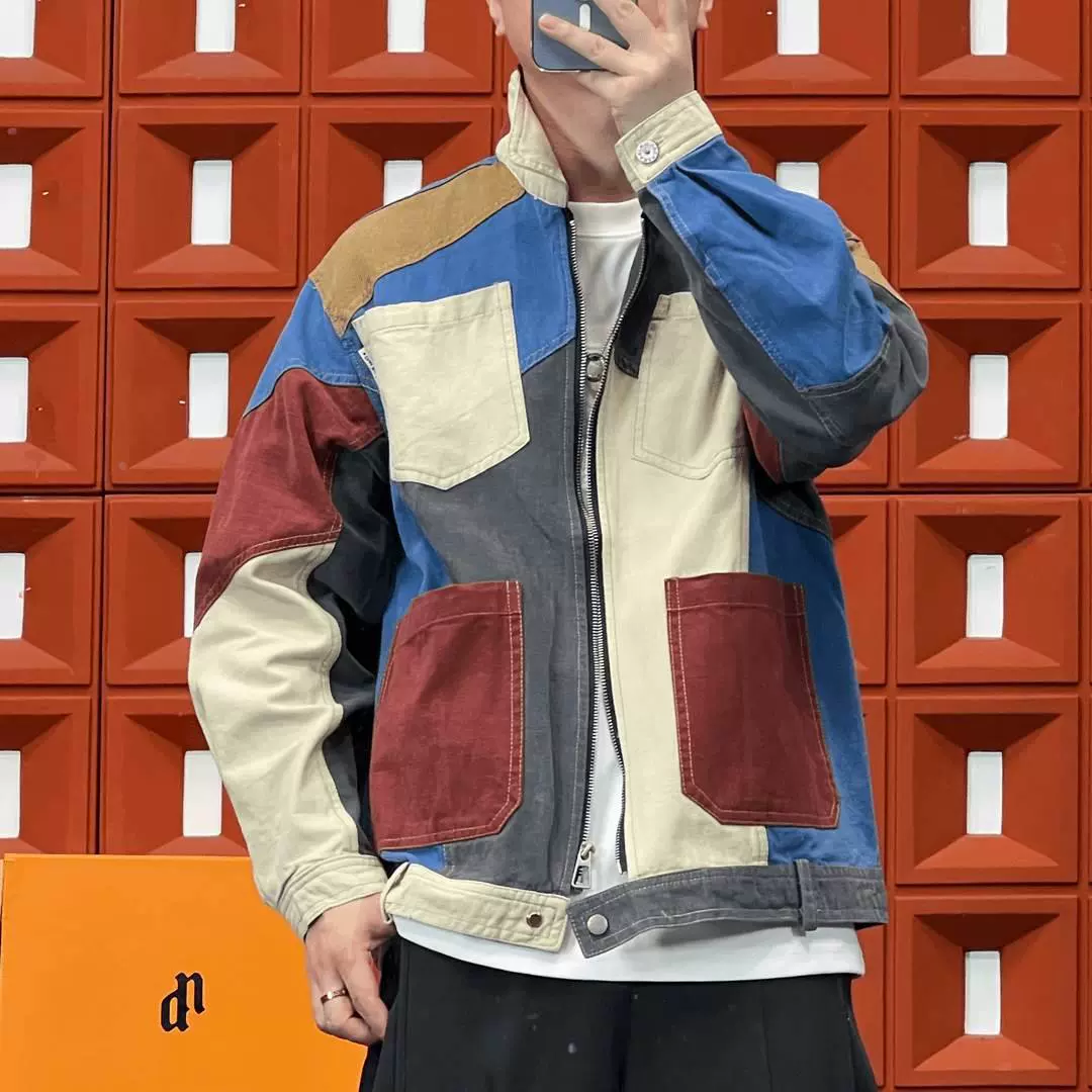 Модный бренд 2025 "High Street Trendy Series" Весна и Осень Старый Сшитый Контрастный Бедняк Цветной Блок Куртка