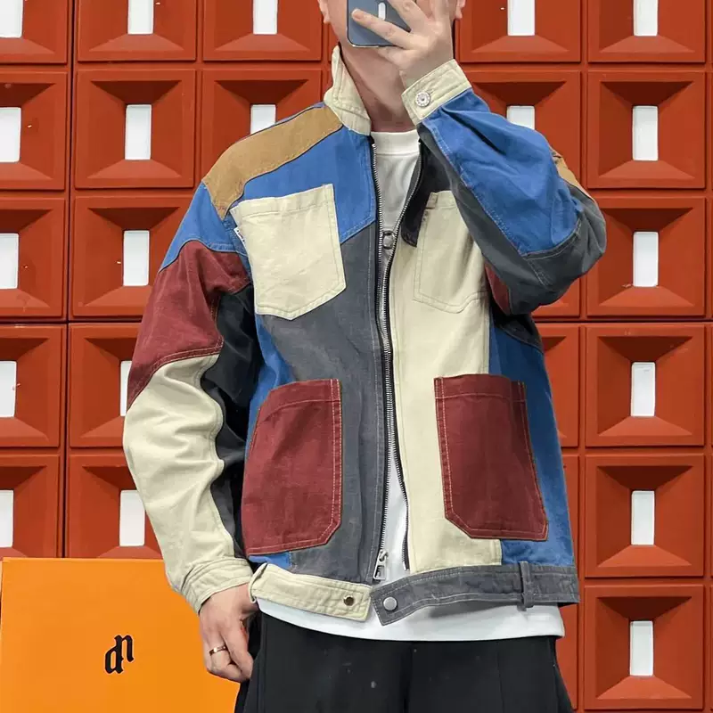 Модный бренд 2025 "High Street Trendy Series" Весна и Осень Старый Сшитый Контрастный Бедняк Цветной Блок Куртка