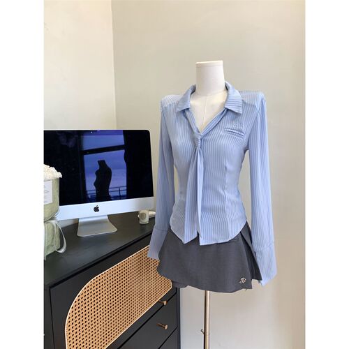 Silky-waistline, slim-fit, solid-color shirt with notched lapel and long sleeves—women's tie-neck top paired with skirt-trousers two-piece set