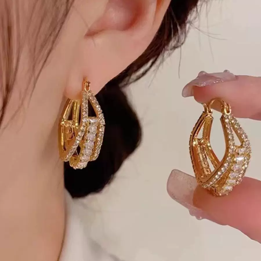 时尚气质三层微镶锆石耳环女几何方形耳坠耳扣个性冷淡风网红耳圈