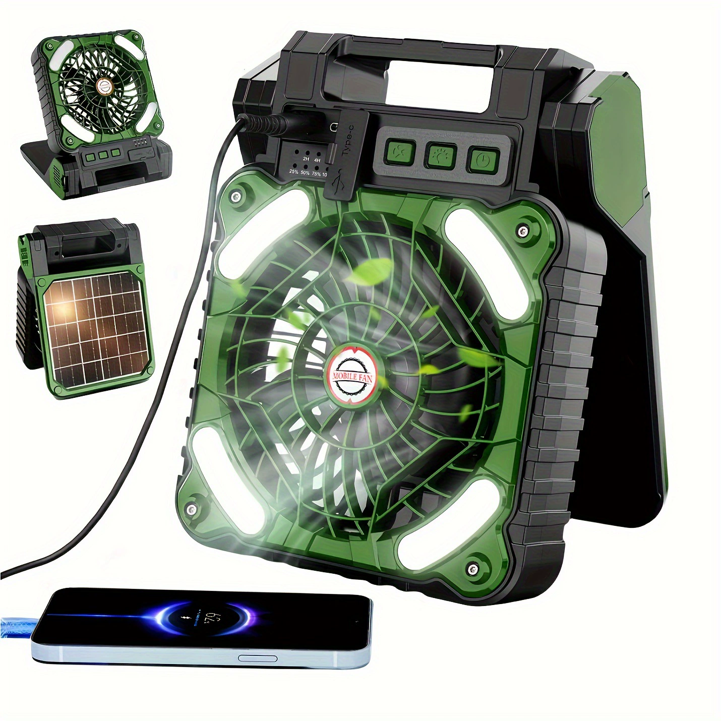 Популярный портативный складной вентилятор с солнечной зарядкой для кемпинга и рыбалки, USB-вентилятор двойного назначения, легкий и компактный.