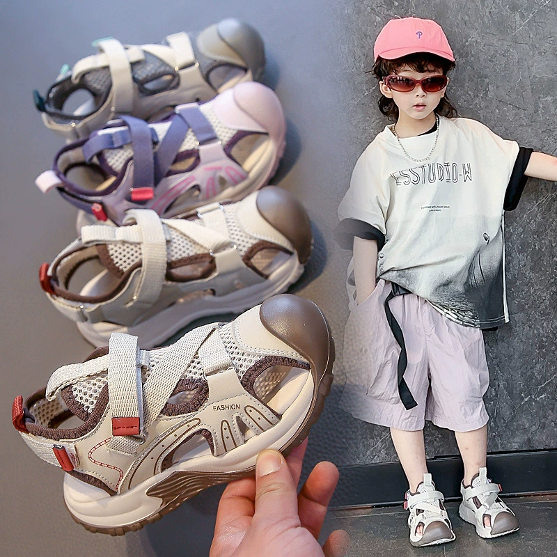 Детские сандалии для мальчиков с мягкой подошвой, антискользящие, лето 2025, новые пляжные сандалии Baotou, средние и большие размеры, дышащие спортивные сандалии для детей