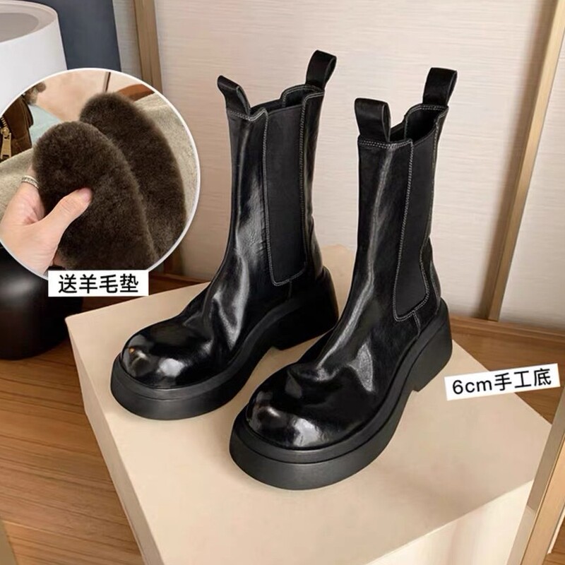 Grape Mom studiolee Heavy 6cm Shrink Pattern Horse Leather Stretch Belt Thick Bottom Thick Heel Short Boots Chelsea Boots Women