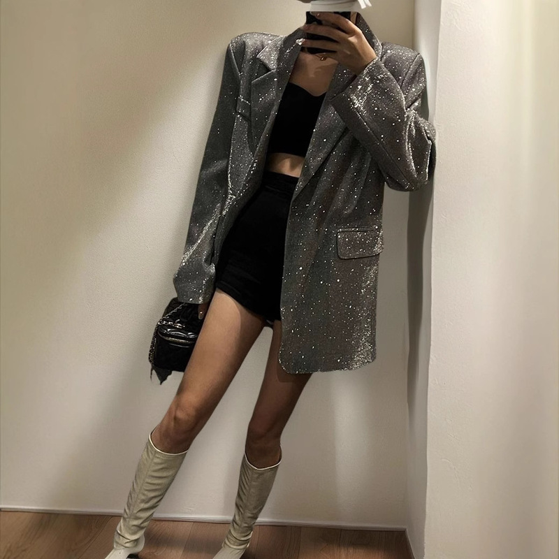 chubby girl extra-large size 150.00kg European station autumn women's design retro sequin suit long coat women