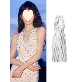 白色波点领挂脖连衣裙女夏法式性感露背气质中长裙子