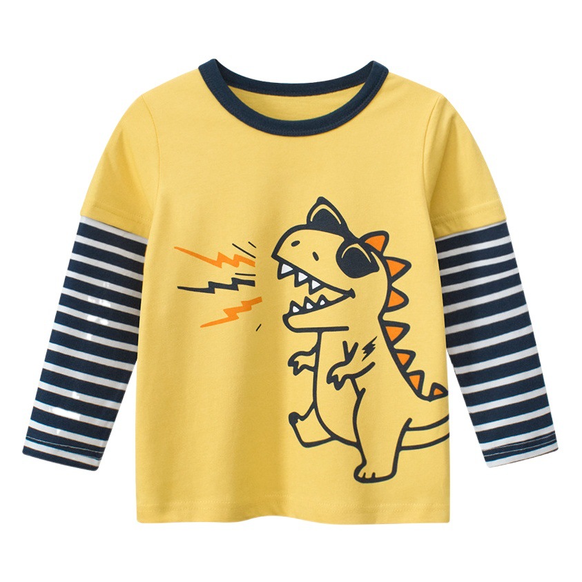 27 niños ropa infantil transfronteriza otoño nuevo 2023 camiseta de manga larga para niños entrega de una sola pieza de dinosaurio falso de dos piezas para hombres