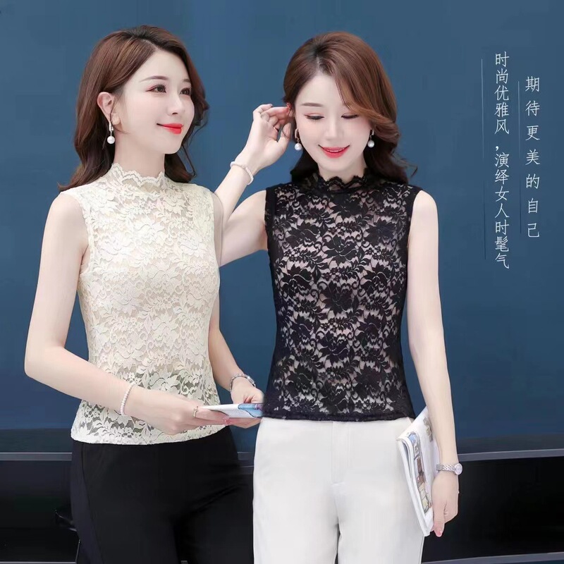 Women's High-end Lace Vest New Half-high Collar High-quality Fabric Stretch Sleeveless Base Shirt Styliery All-match Women's High-end Lace Vest New Half-high Collar High-quality Fabric Stretch Sleeveless Base Shirt Styliery All-match