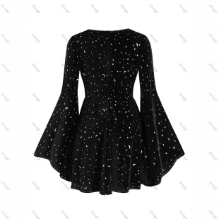 European and American Fashion Plus-Size Women's Valentine's Day Star Print V Neck Long-Sleeved Velvet Dress