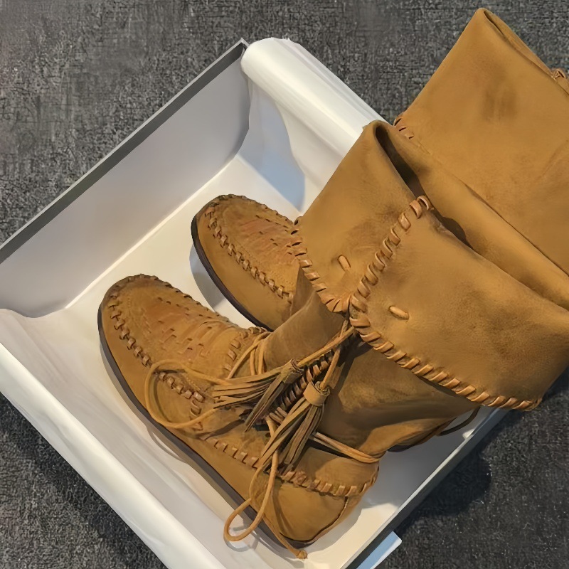 拳击靴2025秋冬波西米亚风两穿靴复古流苏西部牛仔靴可翻折堆堆靴