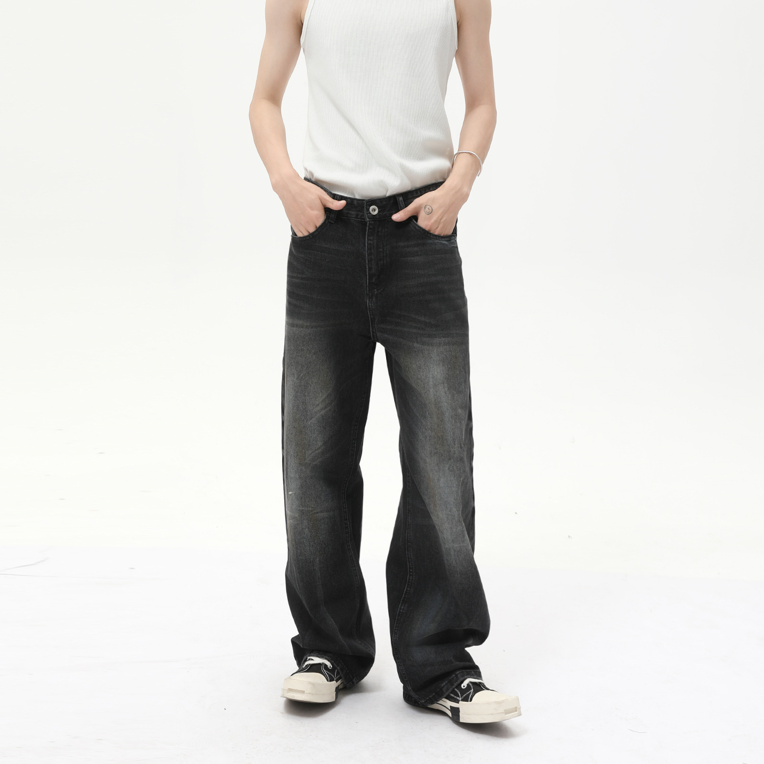Men's Clothing Washed Vintage Distressed Whiskered Heavy Straight Wide Leg Casual Jeans_viptrois.com