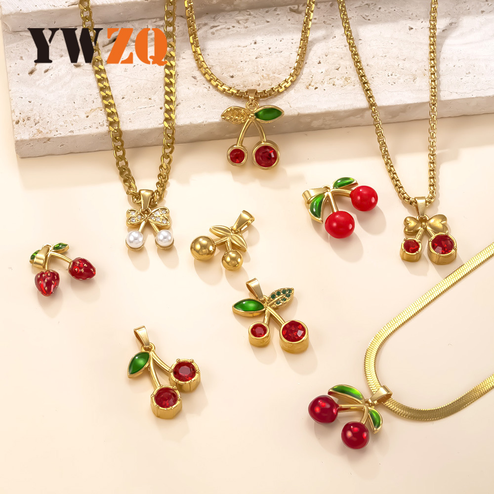 Colgante único Moda europea y americana Joyería de acero inoxidable Color Drop Oil Colgante de cereza tridimensional Accesorios de bricolaje Colgante al por mayor