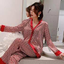 冰丝睡衣女春秋新款长袖小香风冰雪丝家居服V领开衫仿真丝绸套装