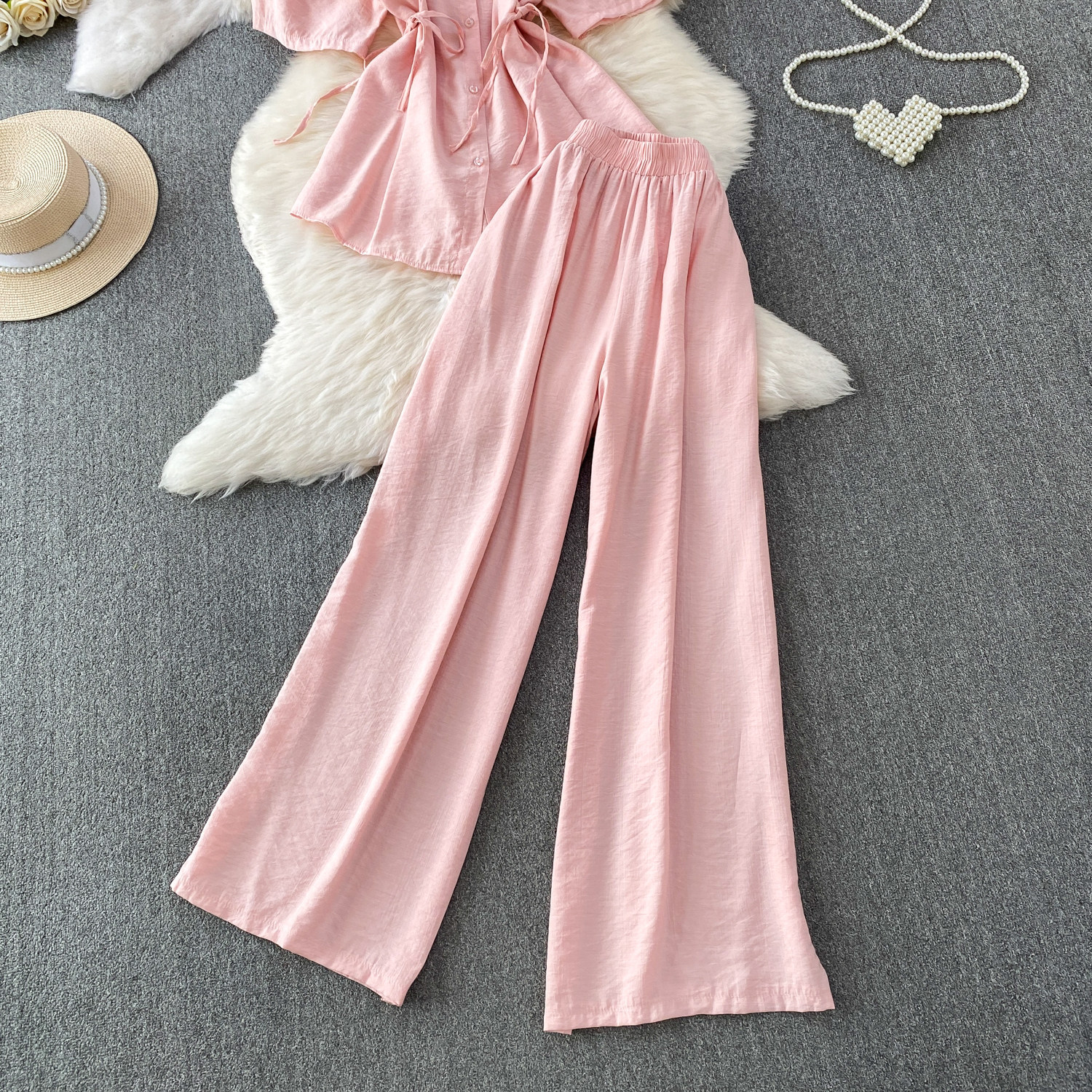 High-Waisted Slimming Collared Shirt with Side Ties And Wide Leg Trousers Women's Outfit Casual Style Set_ecoleips.com