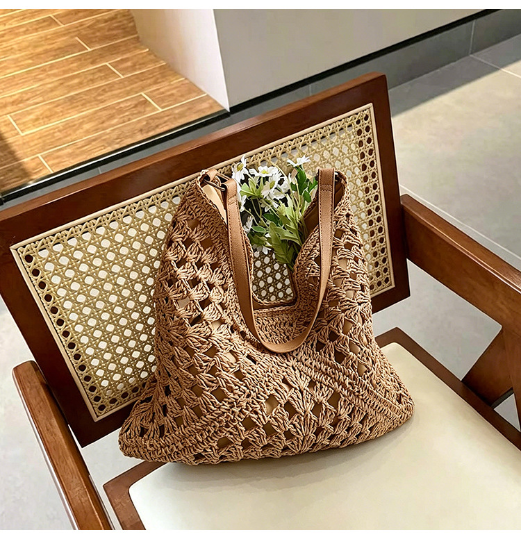 Bolsa de tela de paja de gran capacidad de color extranjero, bolsa de hombro casual de moda junto al mar, bolsa de tote simple