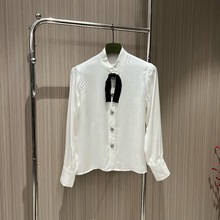 可爱减龄蝴蝶结领结立领衬衣名媛气质优雅立领单排扣长袖白色衬衫