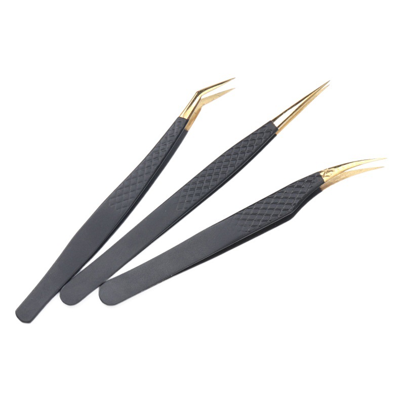 Wholesale Grafted Eyelash Tweezers Black Gold Mesh Eyelash Auxiliary Clip Opp Bag Independent Packaging for Beauty Salons