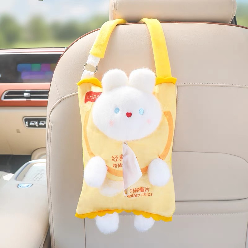 Lindo coche de dibujos animados caja apoyabrazos caja de pañuelos coche creativo colgando caja de pañuelos silla asiento trasero bolsa de tejido