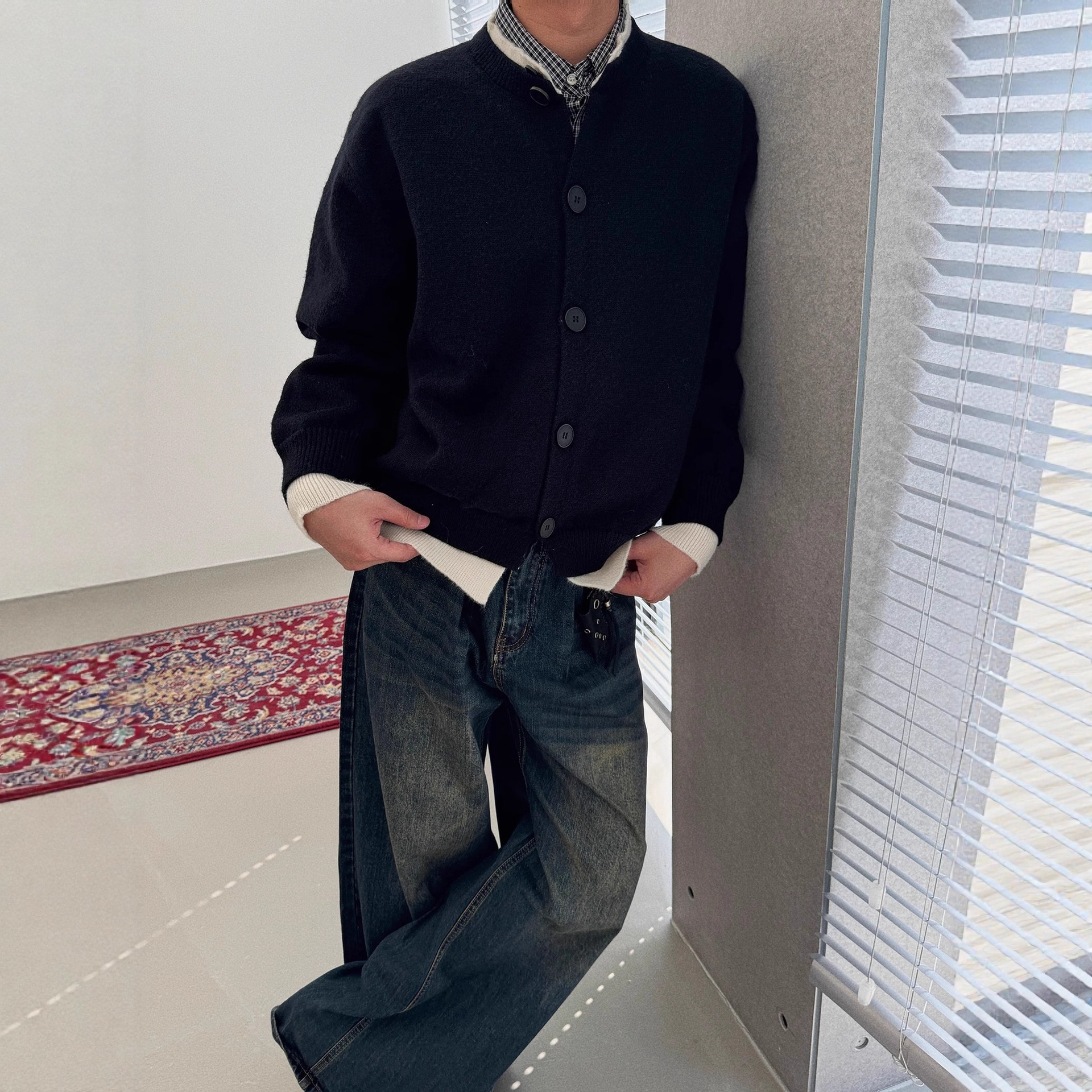 American College Two Pieces Cardigan Suéter Hombre Otoño Invierno Nuevo LazyCleanfit Color Contraste Camiseta