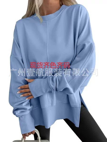 European and American Cross-Border Amazon Temu Popular Loose Sweatshirt with Side Slits and Round Neck Bat Sleeves Fleece-Lined Top