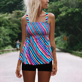 2021泳衣亚马逊比基尼条纹打揽bikini四角裤泳装分体抽褶tankini