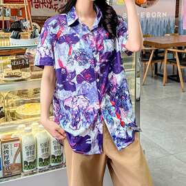 复古女蓝油画花朵小众慵懒风潮ins休闲百搭艺术感短袖衬衫