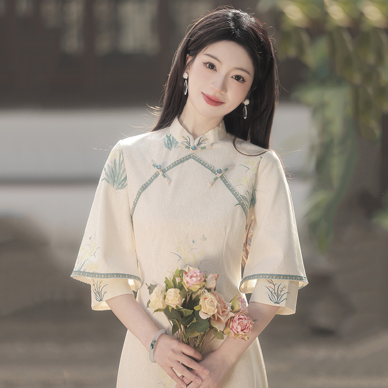 米色雙襟素雅中式長款改良旗袍年輕款女復古修身長袖日常秋冬裝