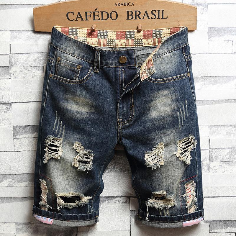 Lined cloth jeans men's tattered five-po...
