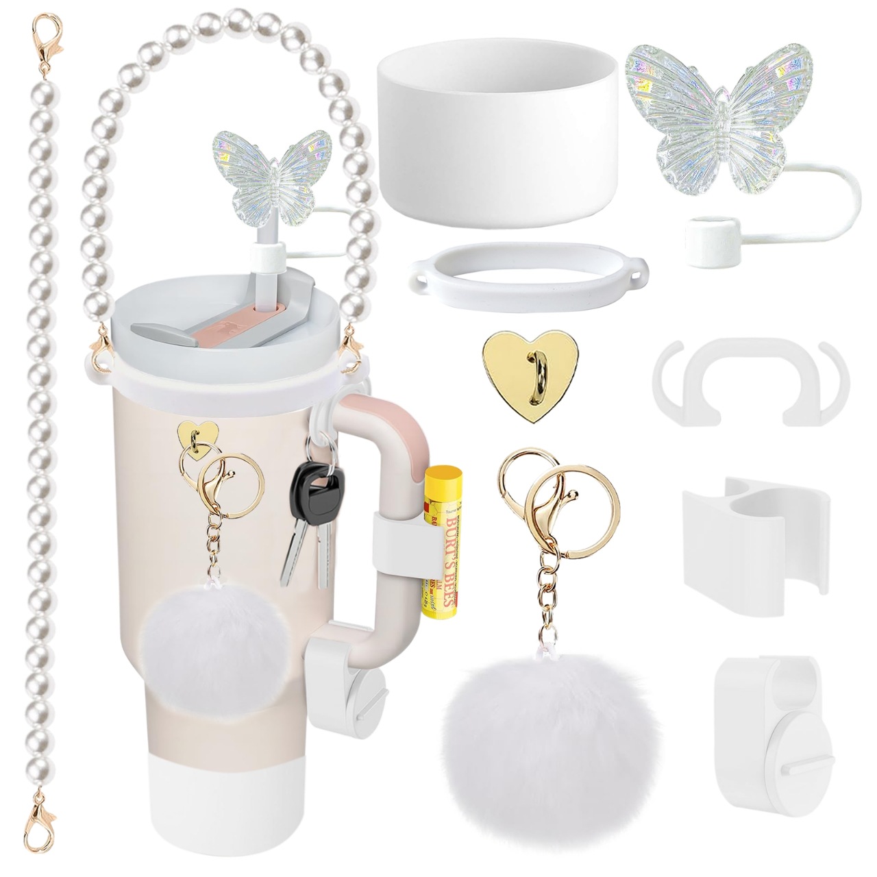 Accesorios de taza Stanley colgante de cuerda de mano flor de silicona gorra de paja de peluche colgante de taza cadena de taza de color cubierta de taza